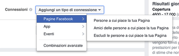 Opzioni di connessione del pubblico in Facebook Ads