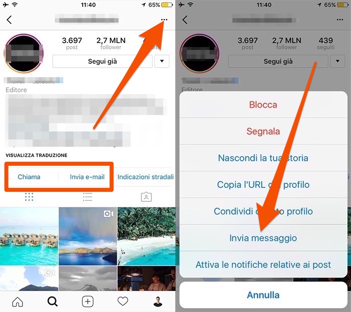 Contatto privato con un profilo Instagram per uno shoutout