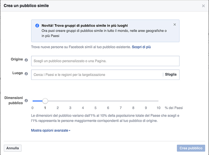 Creazione di un pubblico simile per Instagram Ads