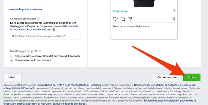 Conferma dell'ordine di un'inserzione Instagram Ads