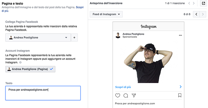 Testo e anteprima di un'inserzione Instagram Ads