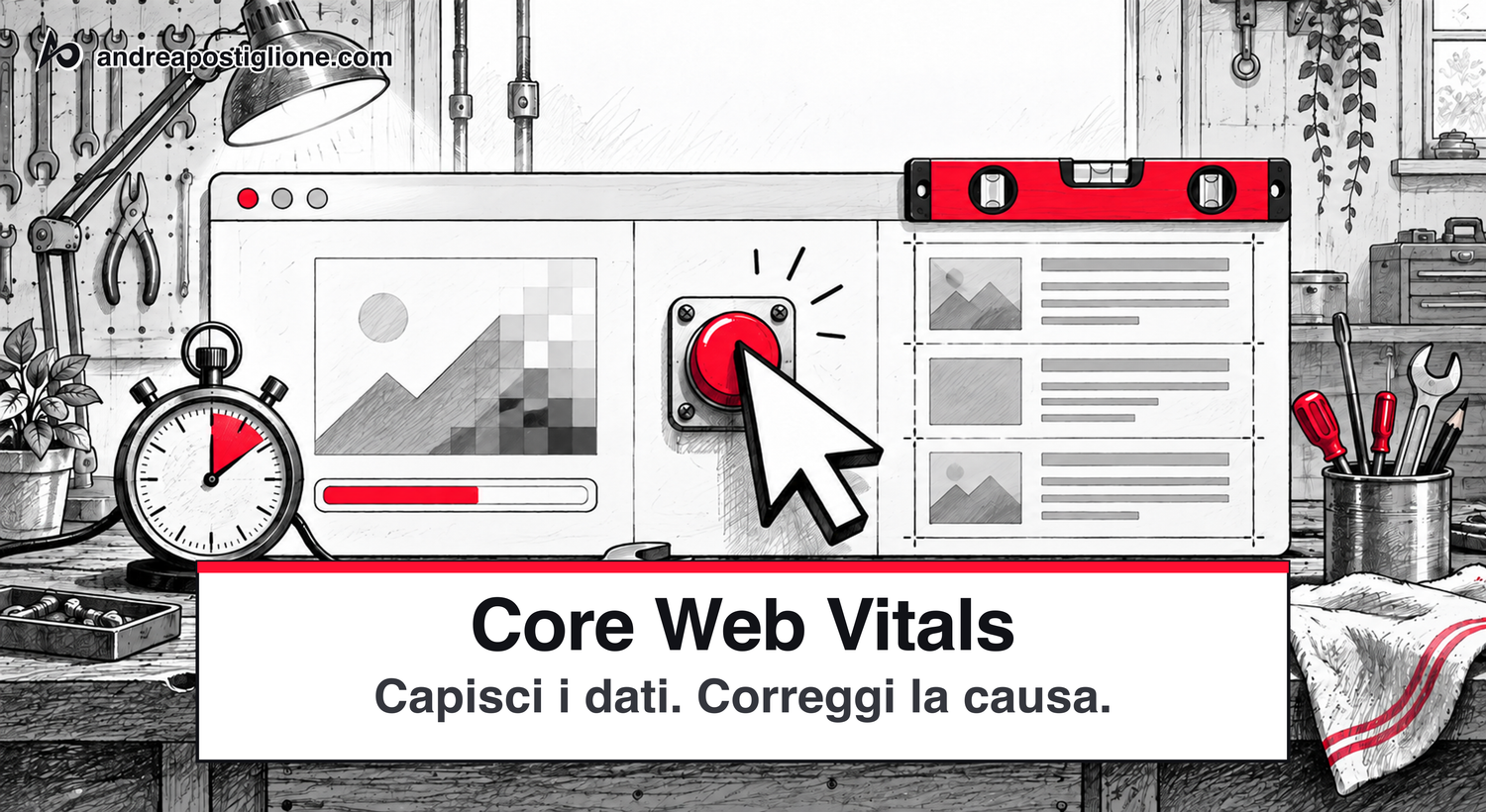 Una finestra del browser sul banco di lavoro, con cronometro, puntatore e livella per rappresentare caricamento, interazioni e stabilità